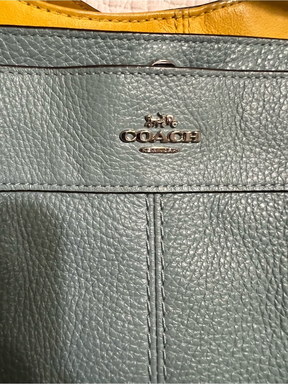 Coach Pebbled Leather Tote in Teal with Yellow Trim